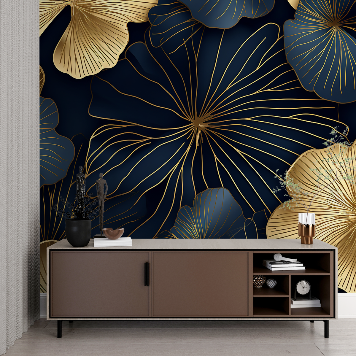Papier Peint Art Déco Bleu Grosses Fleurs Doré