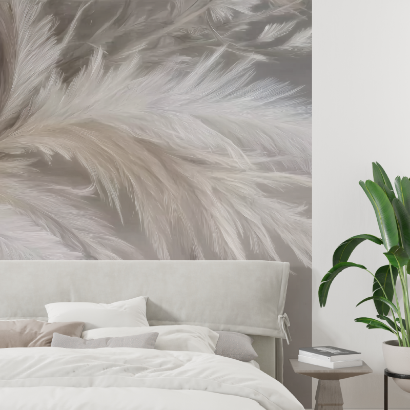 Papier Peint Plume Blanche Beige Mural