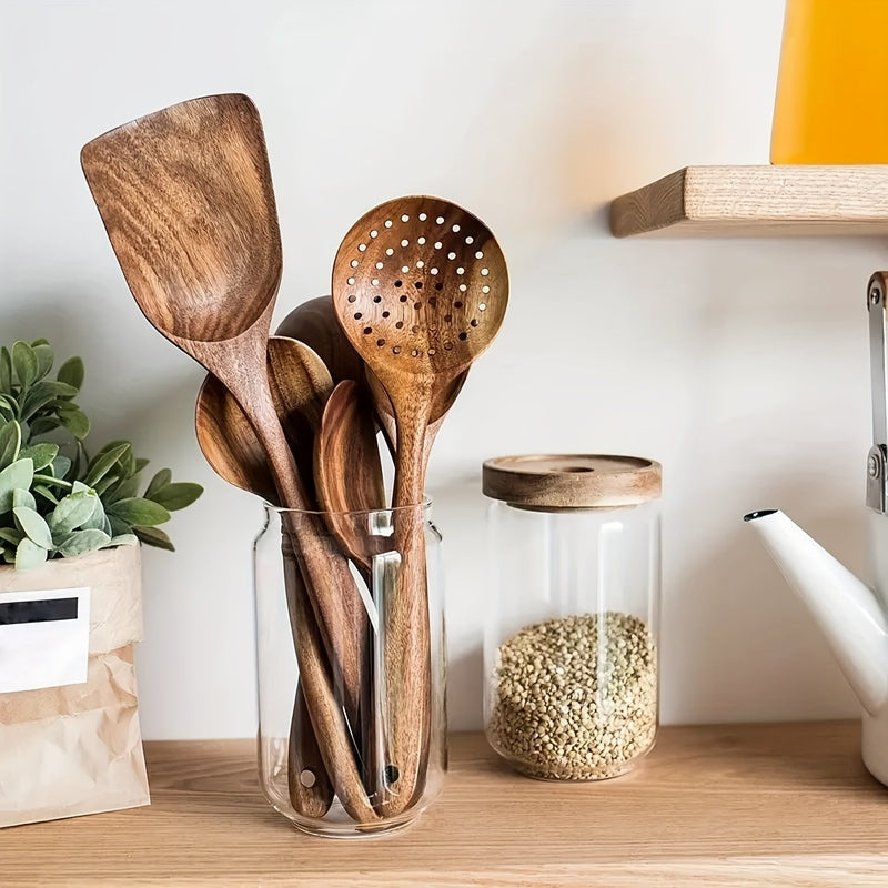 Ustensiles de Cuisine en Teck - Ensemble Durable et Ergonomique de 5 Pièces