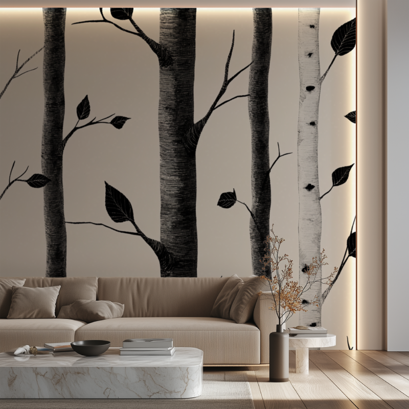 Birch Tree Black and White Wallpaper