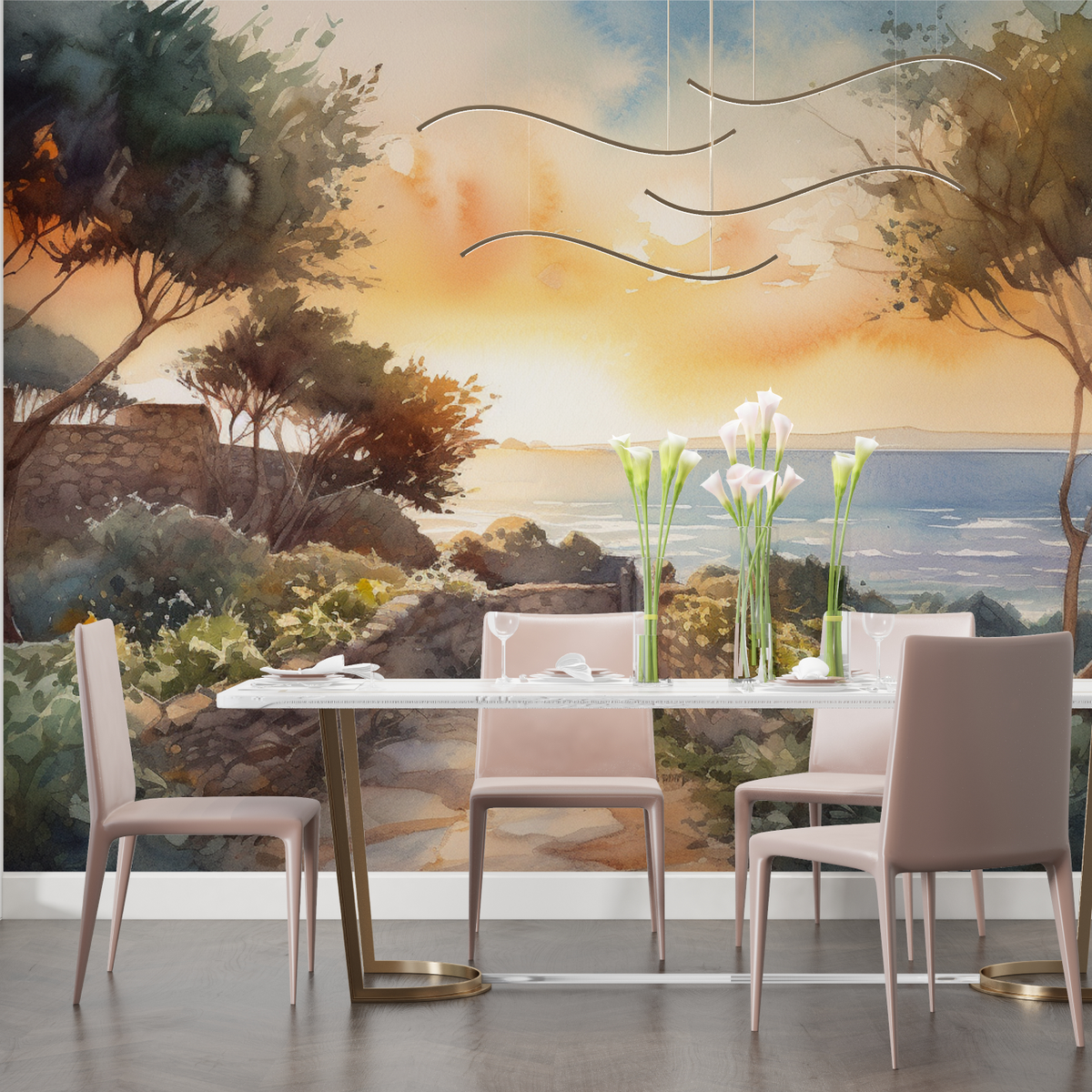 Papier Peint Aquarelle Paysage Méditerranéen Couché De Soleil