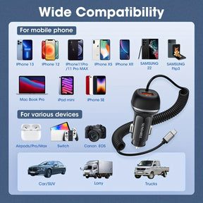 Chargeur de Voiture USB-C Rapide - 51W, 3 Ports et QC 3.0