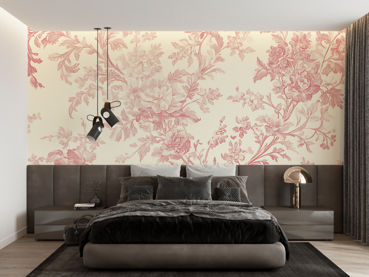 Toile de Jouy Wallpaper with Red Flowers
