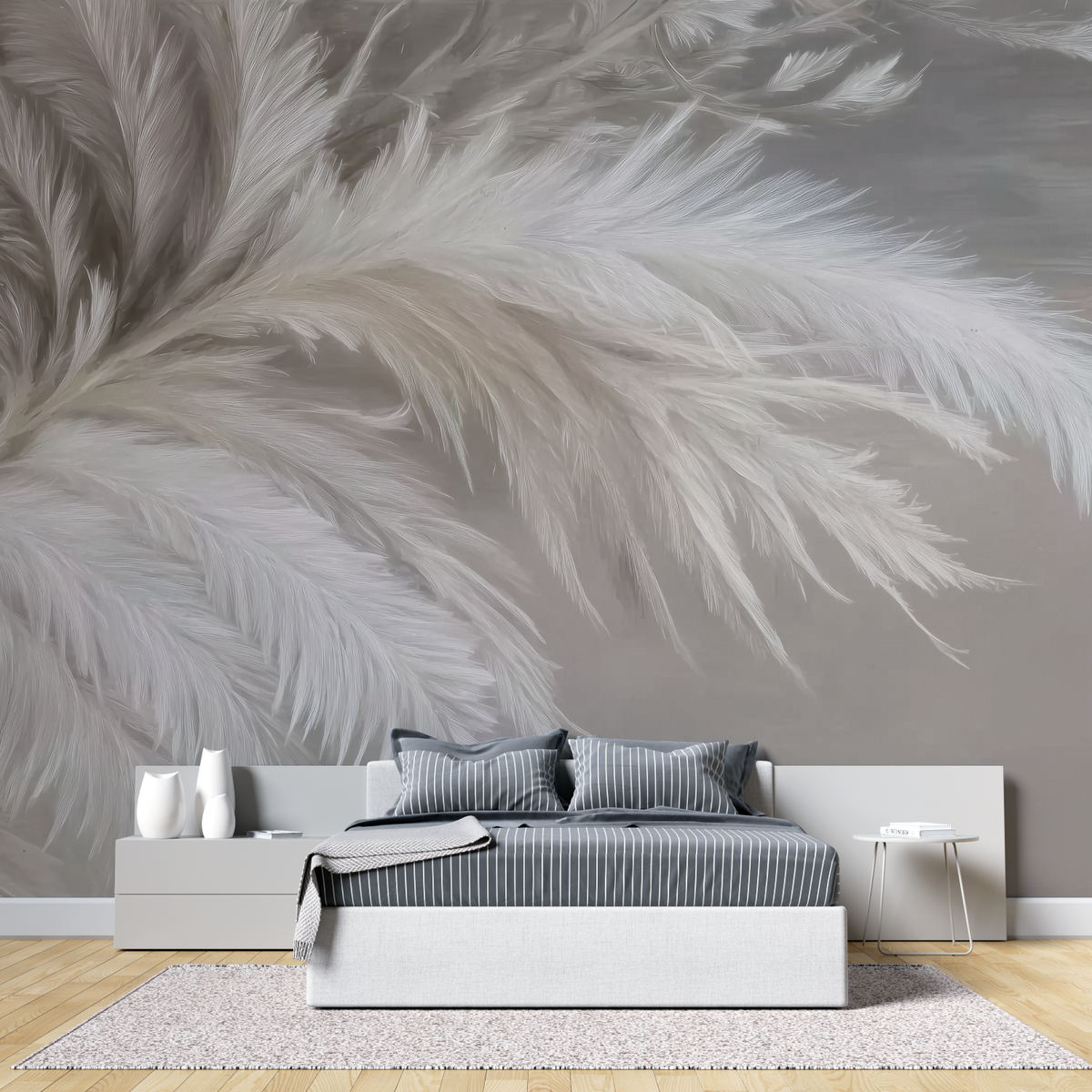 Papier Peint Plume Blanche Beige Mural