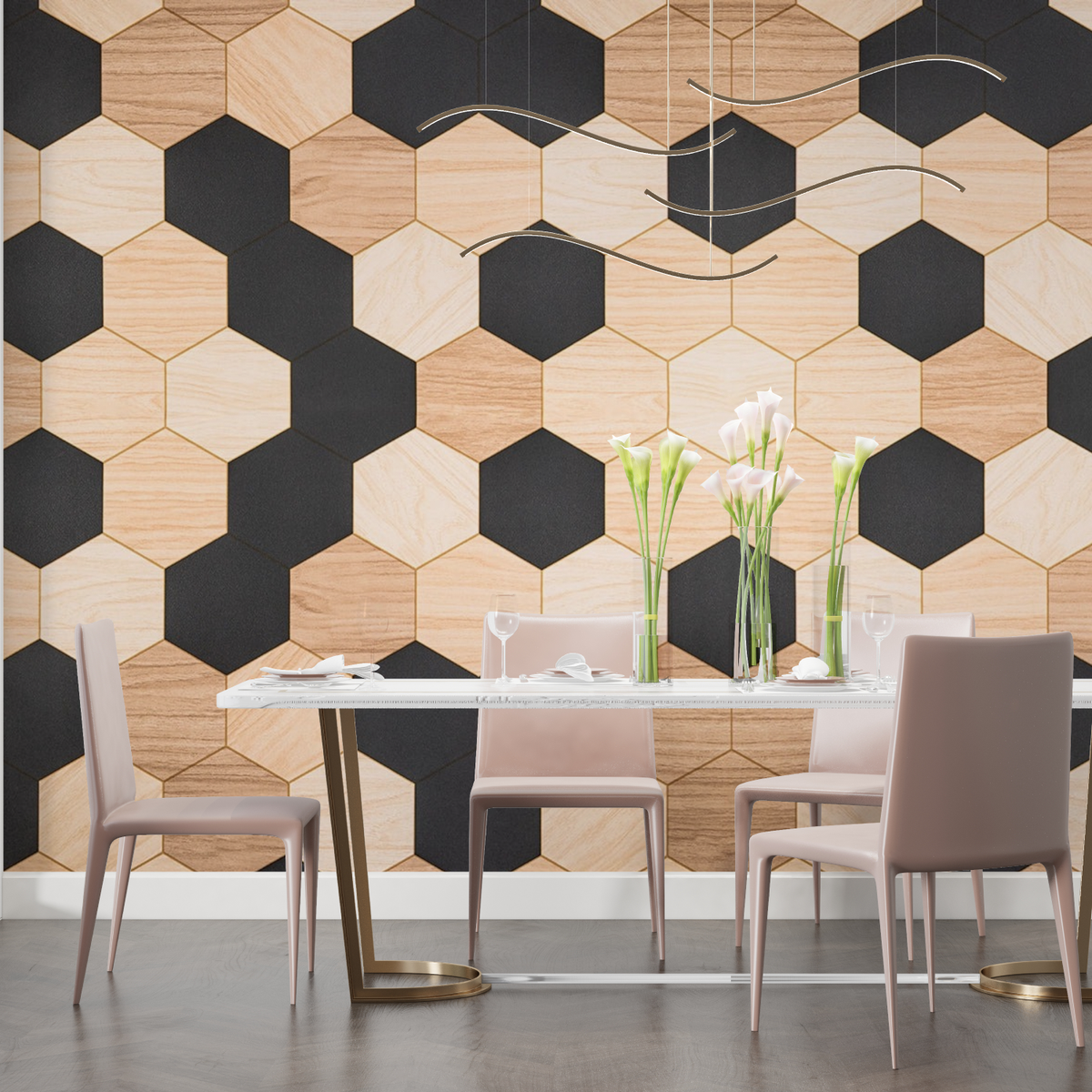 Papier Peint Hexagone Noir Et Bois