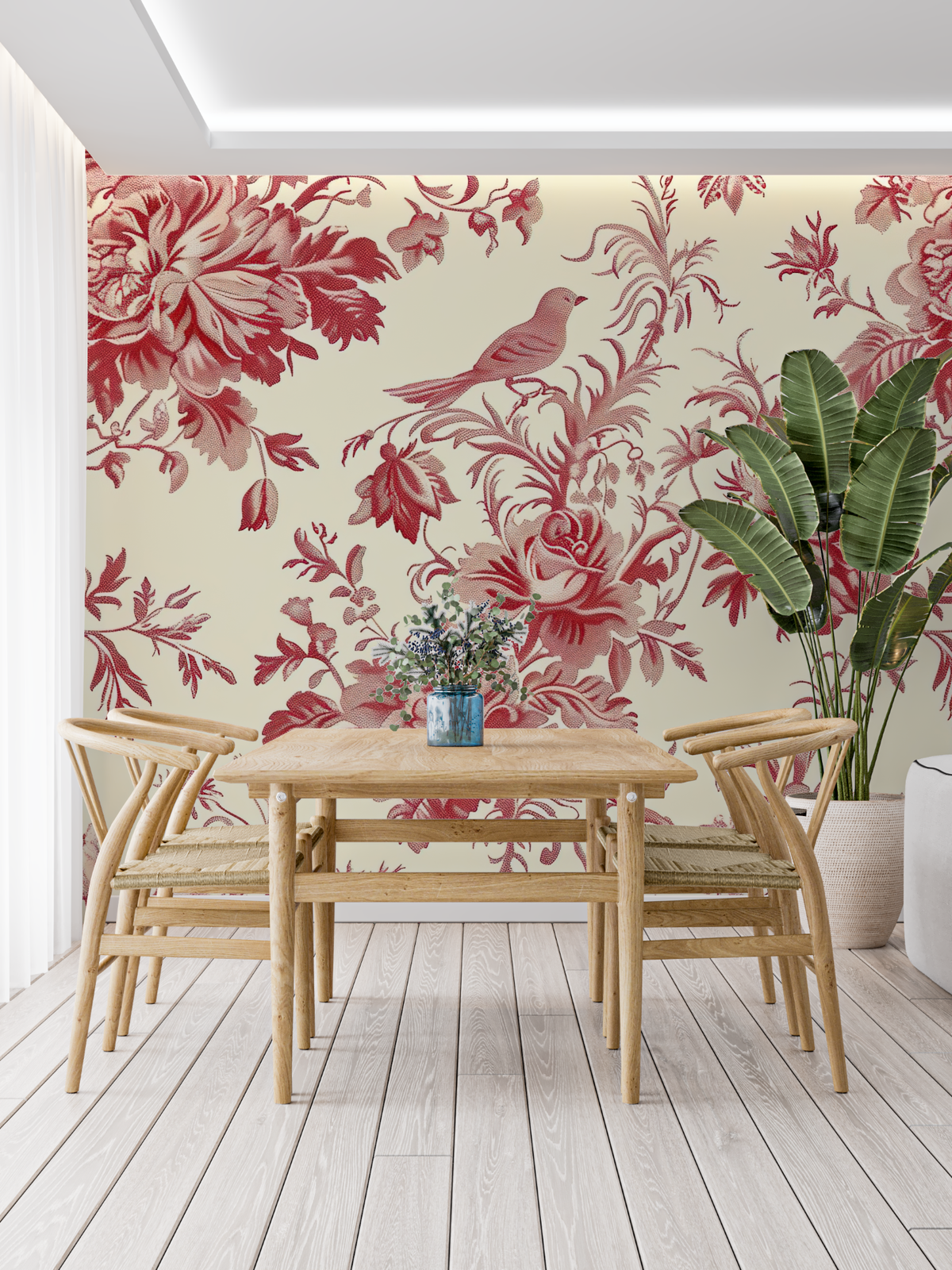 Papier Peint Toile De Jouy Rouge Oiseau