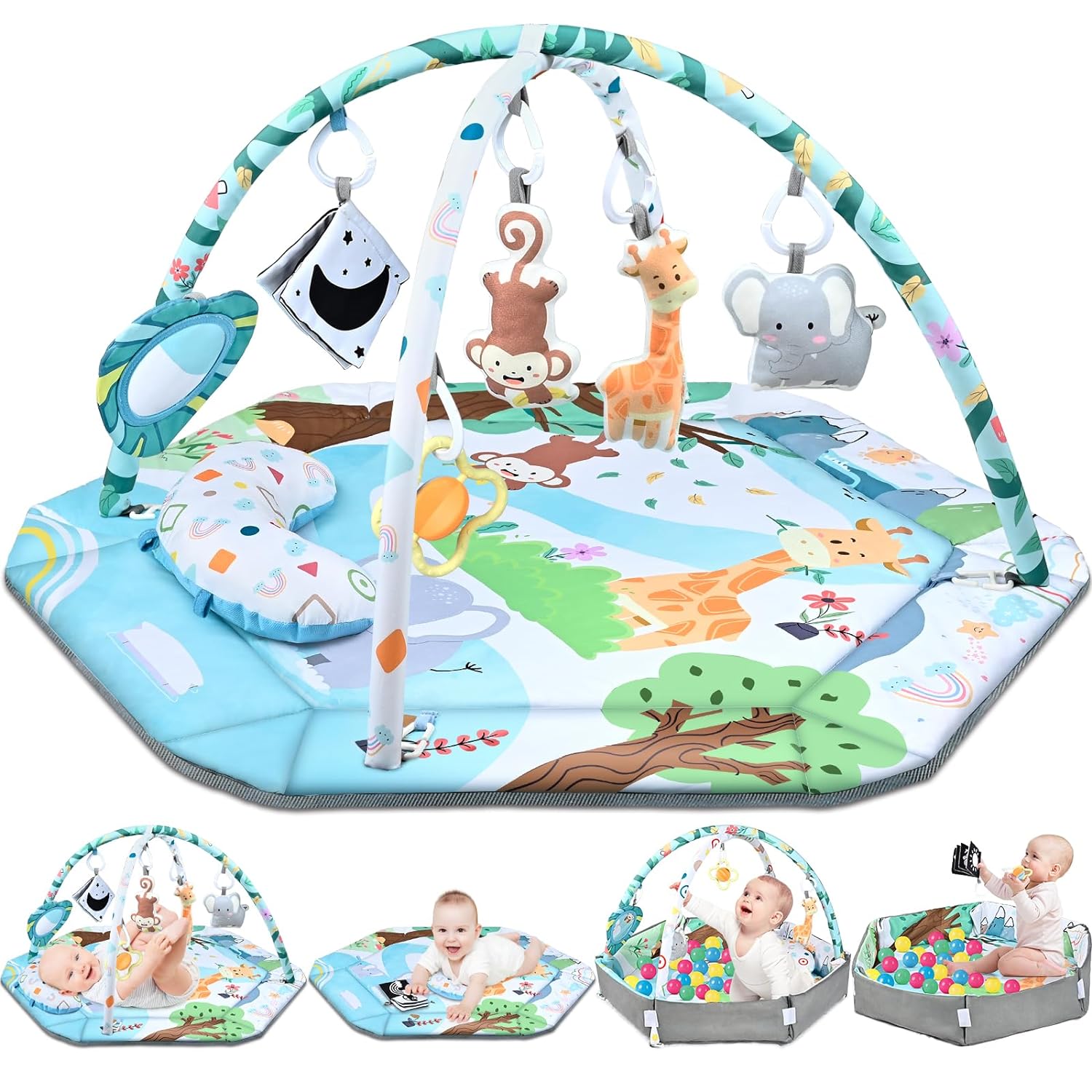 Tapis de Jeu Multifonction 8-en-1 - 6 Jouets Sensoriels Détachables et Doux
