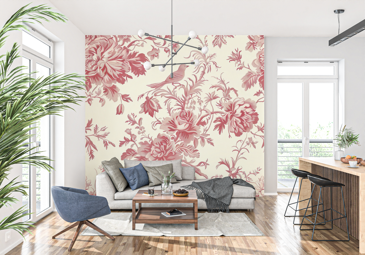 Papier Peint Toile De Jouy Rouge Oiseau