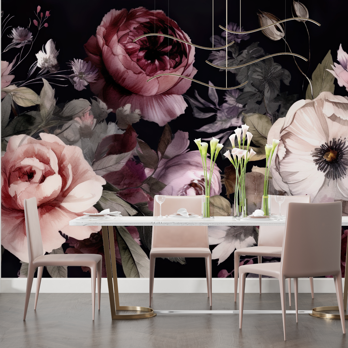 Papier Peint Grosses Fleurs Fond Noir