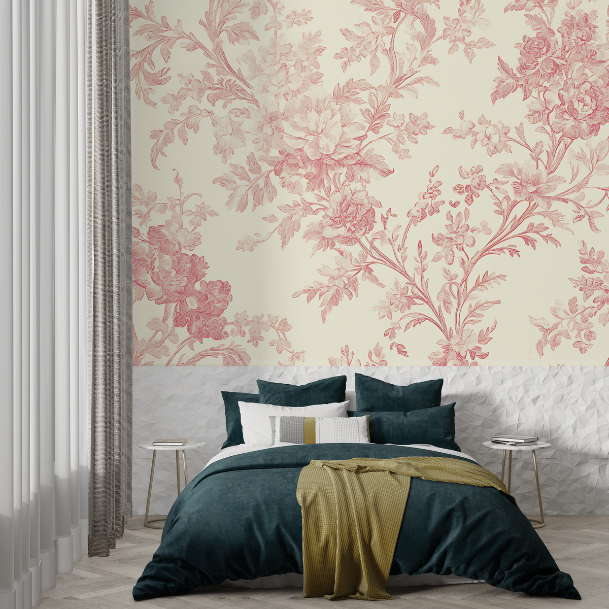 Toile de Jouy Wallpaper with Red Flowers