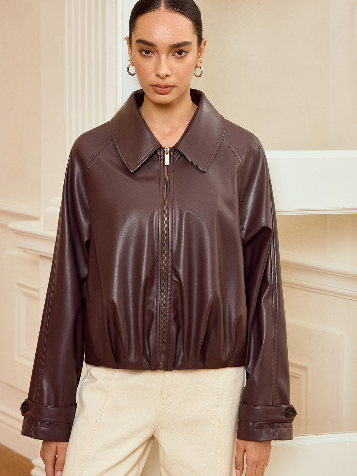 Veste en Cuir Synthétique Zippée - Col Raffiné et Manches Longues