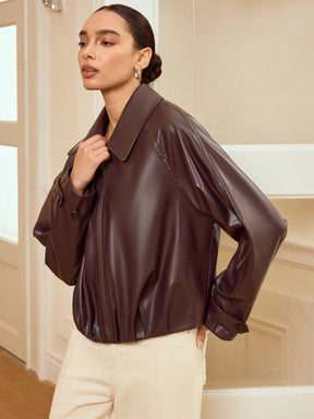 Veste en Cuir Synthétique Zippée - Col Raffiné et Manches Longues