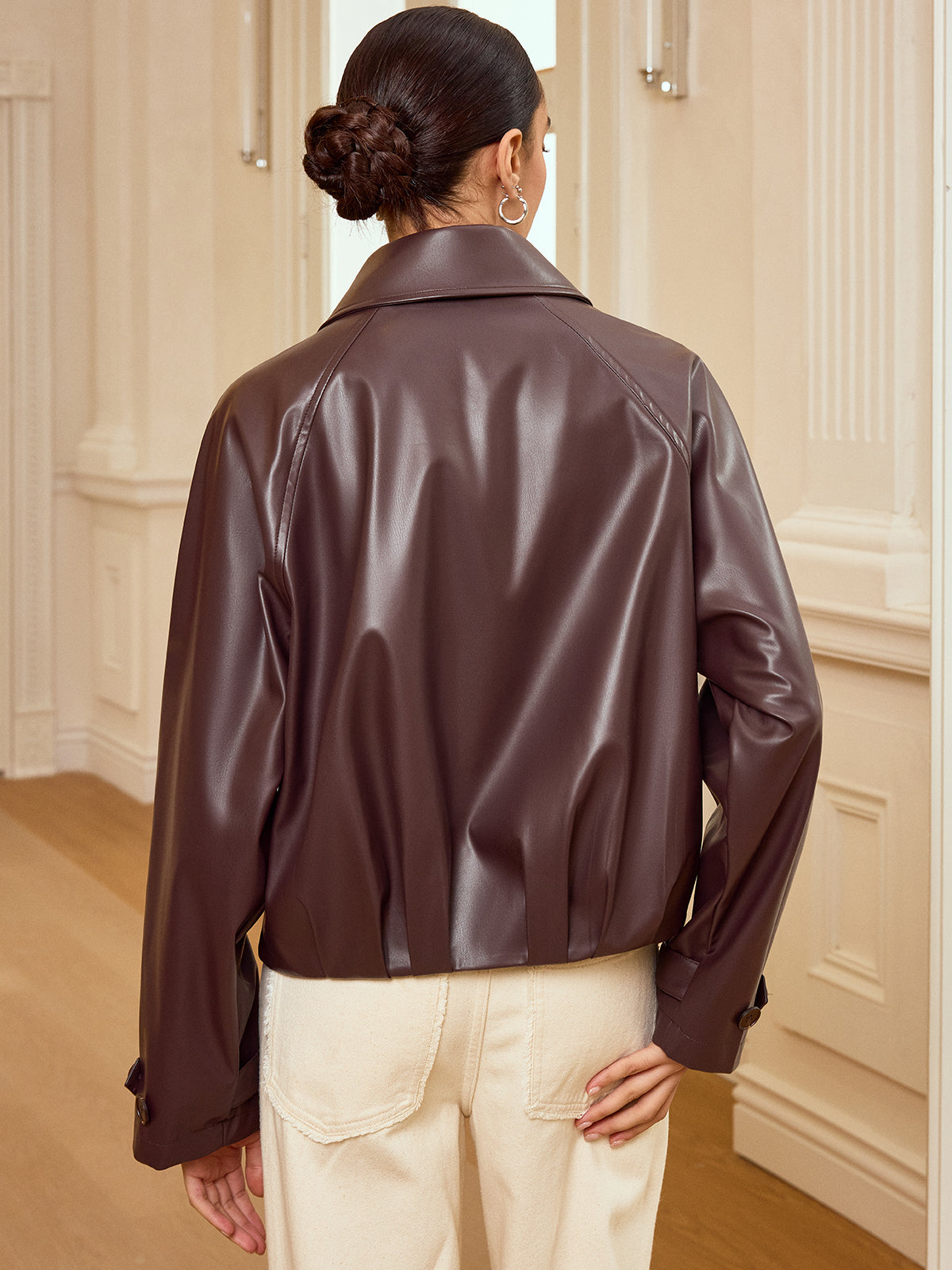 Veste en Cuir Synthétique Zippée - Col Raffiné et Manches Longues