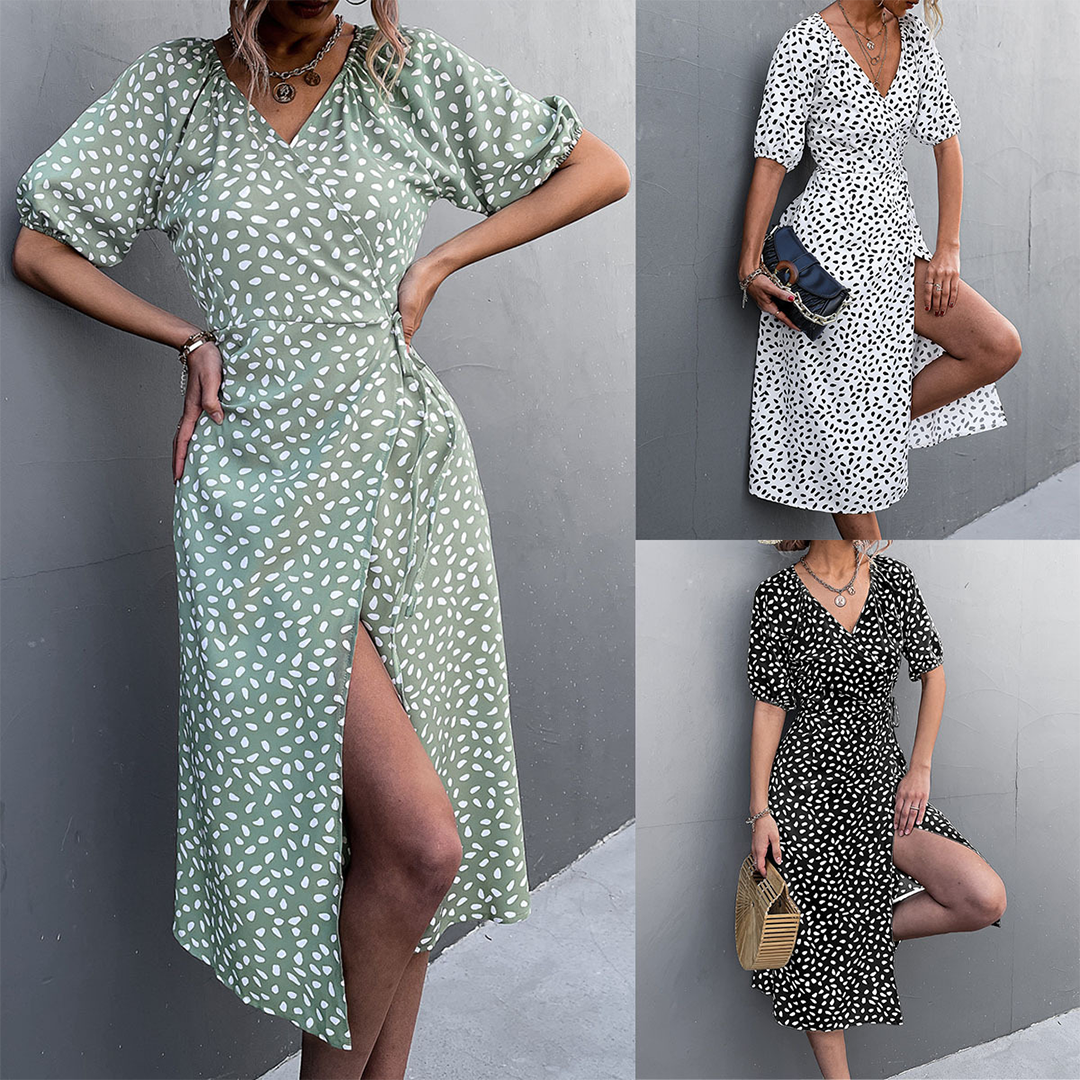 Robe Midi Croisée Été - Chic Col V et Détail Fendu