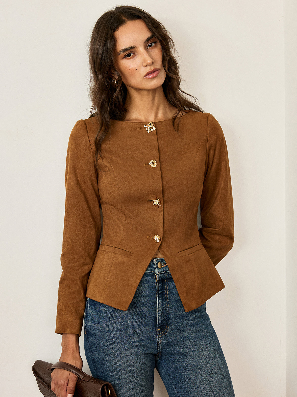 Veste en Suédine Ajustée - Manches Longues et Élasticité Légère