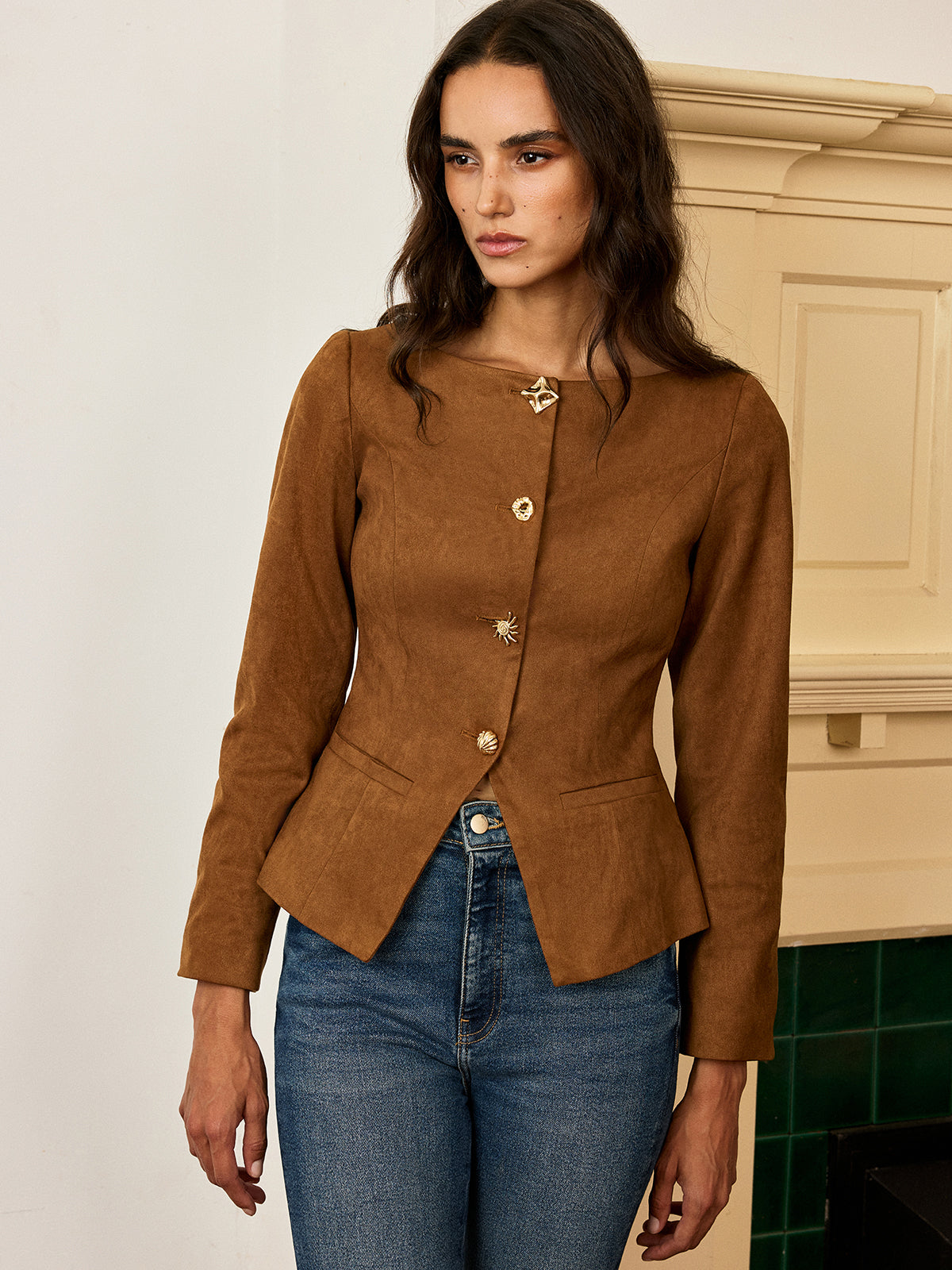 Veste en Suédine Ajustée - Manches Longues et Élasticité Légère