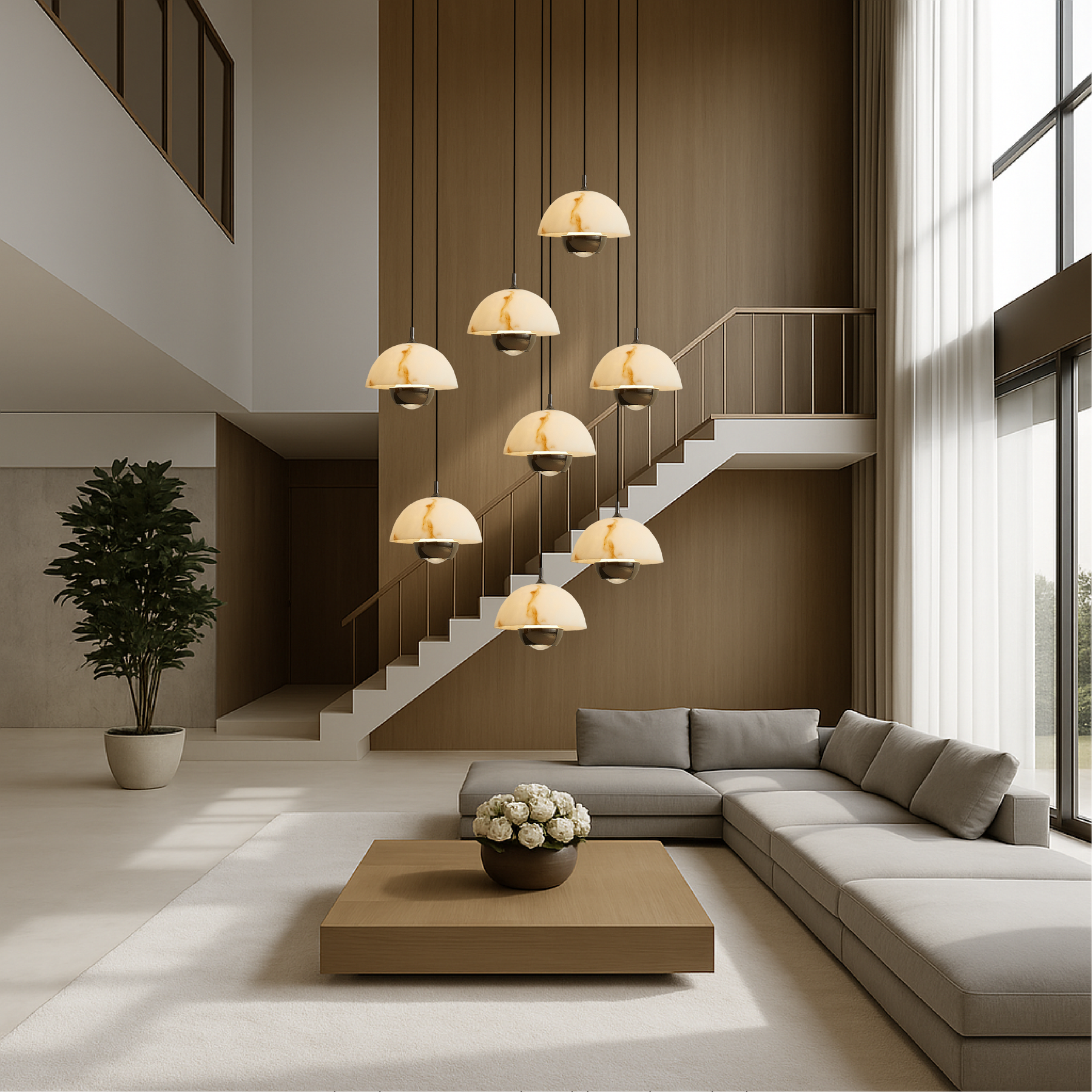 Lustre en Marbre à 8 Têtes - Éclairage Contemporain pour Escaliers