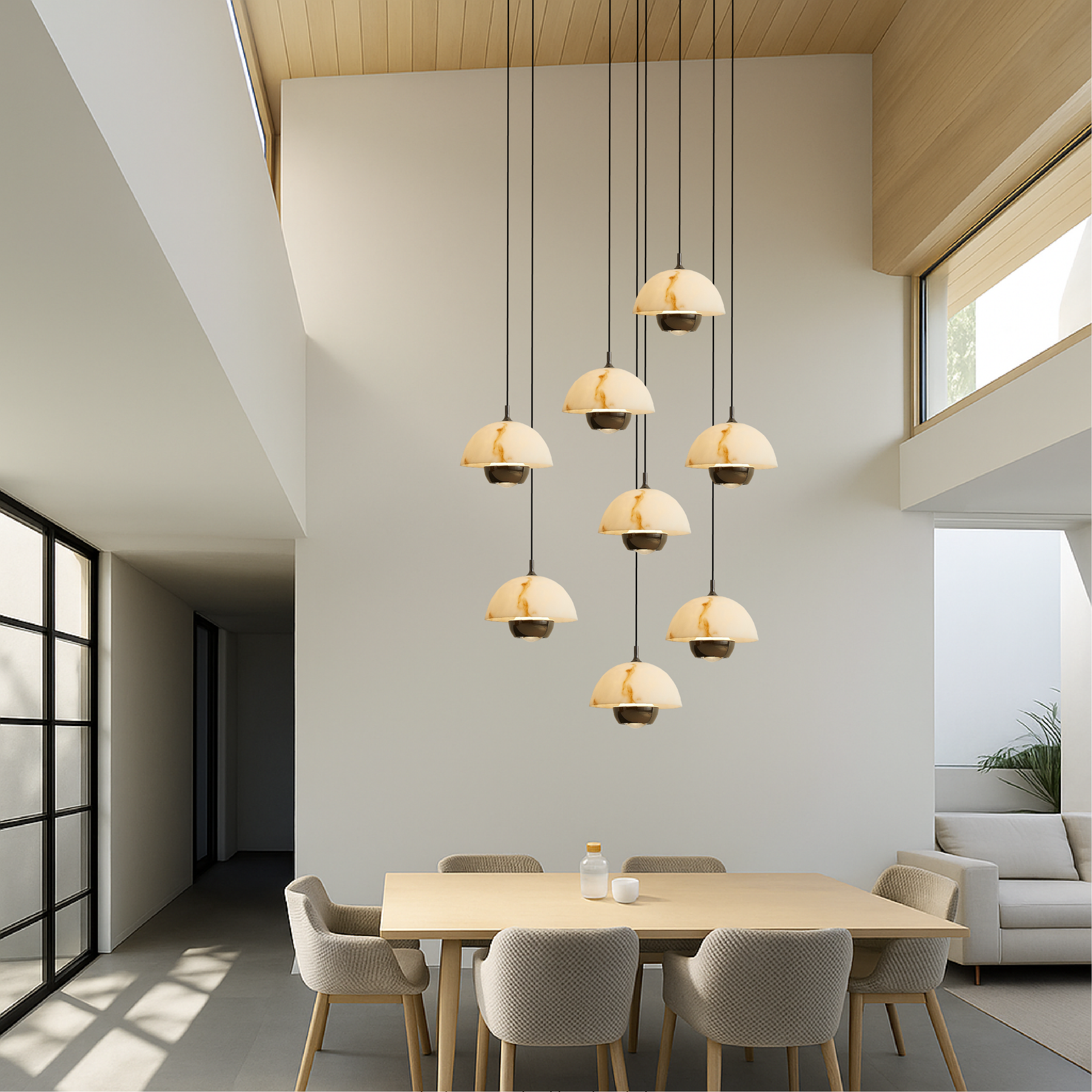 Lustre en Marbre à 8 Têtes - Éclairage Contemporain pour Escaliers