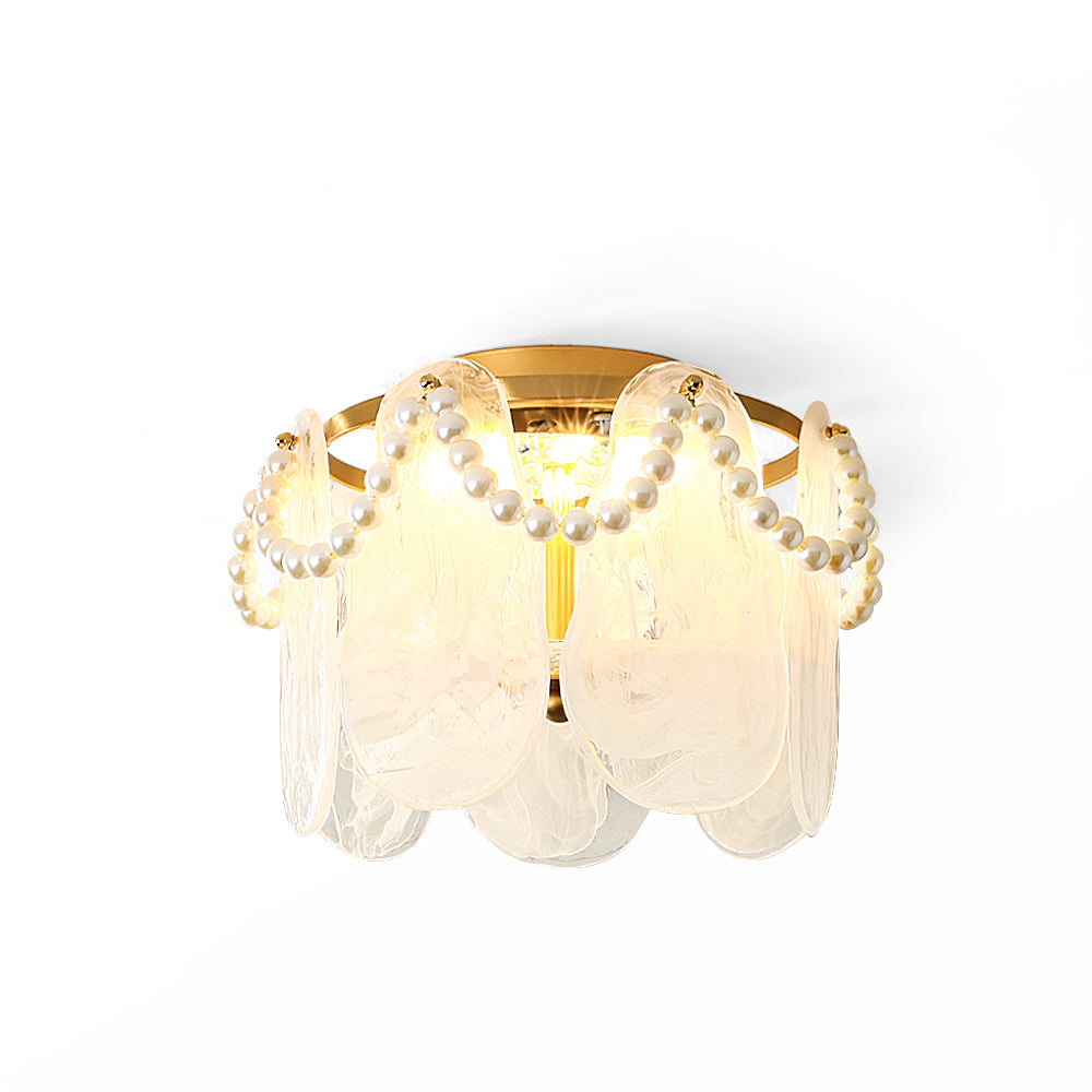 Lustre en Métal Doré avec Perles - Éclairage Élégant et Accueillant