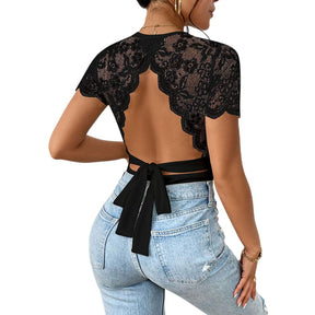 Body Sans Dos Élegant pour Femmes - Manches Courtes en Dentelle Chic