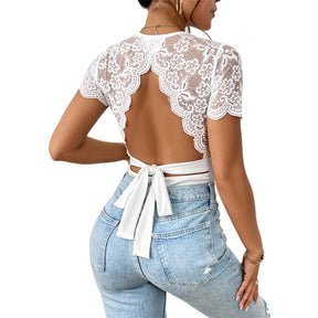 Body Sans Dos Élegant pour Femmes - Manches Courtes en Dentelle Chic
