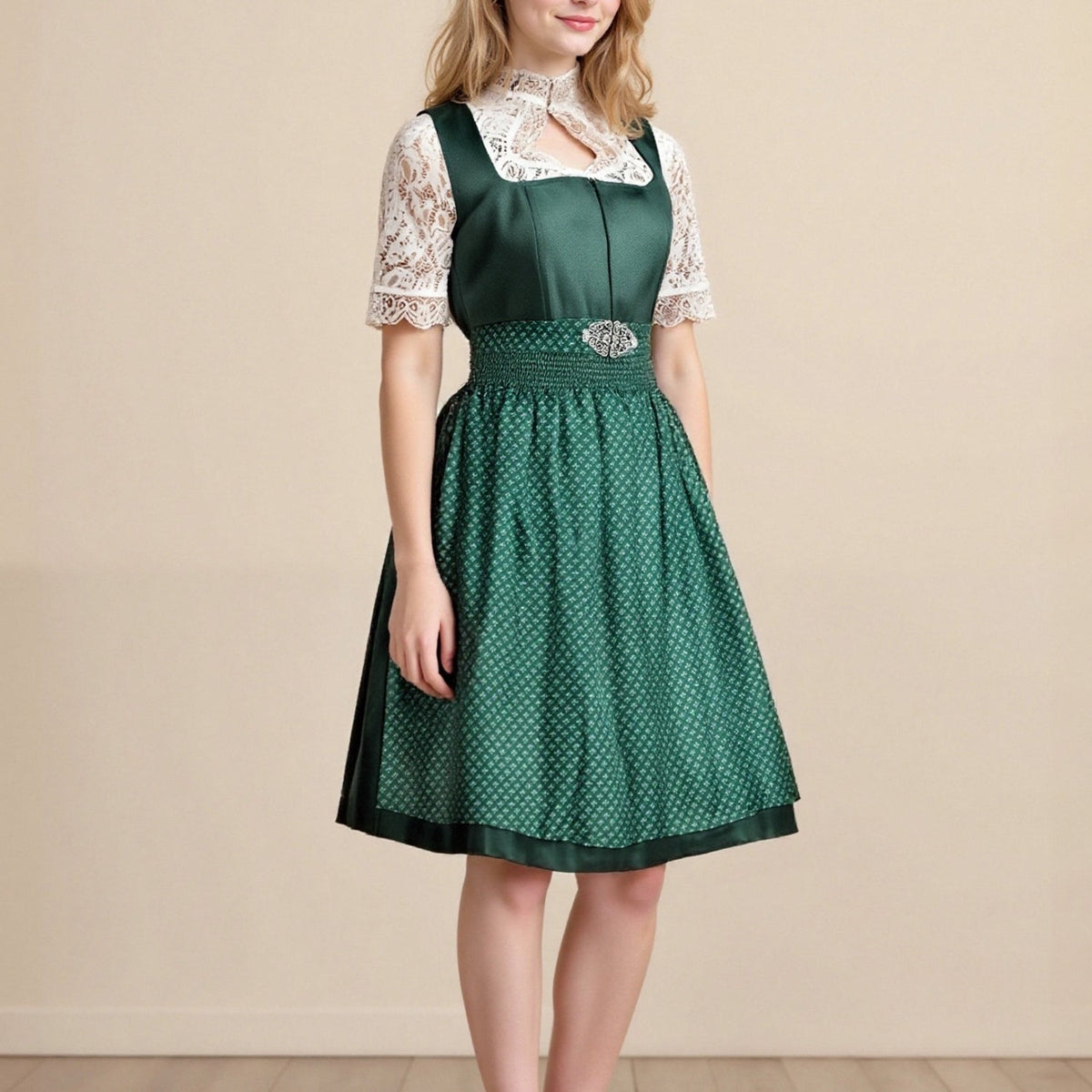 Robe Dirndl Bavaroise Émeraude - Avec Tablier et Blouse en Dentelle