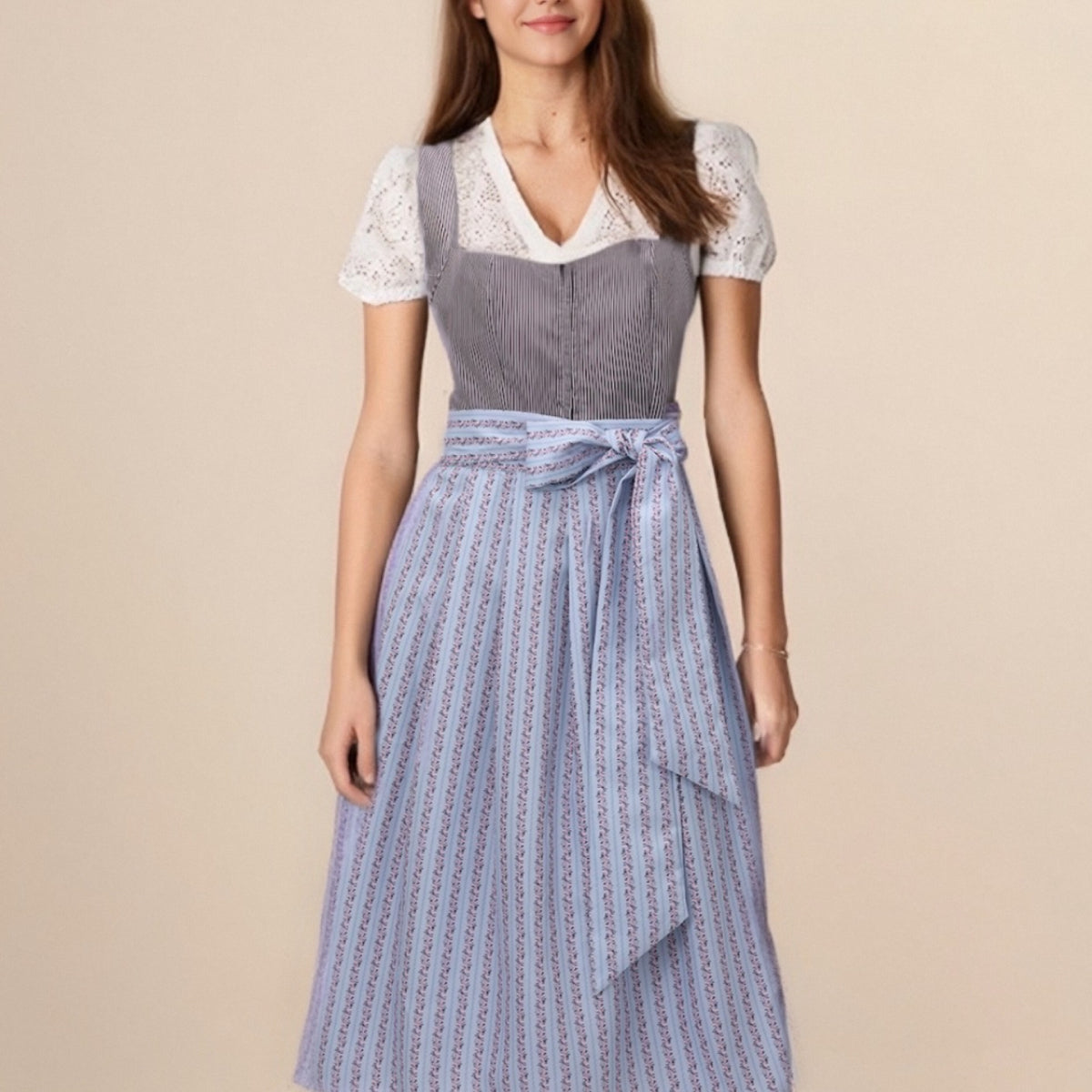 Dirndl Bavarois Traditionnel avec Tablier Rayé - Style Authentique pour Oktoberfest