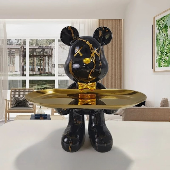 Figurine Ours Décoratif avec Plateau - Design Élégant et Pratique