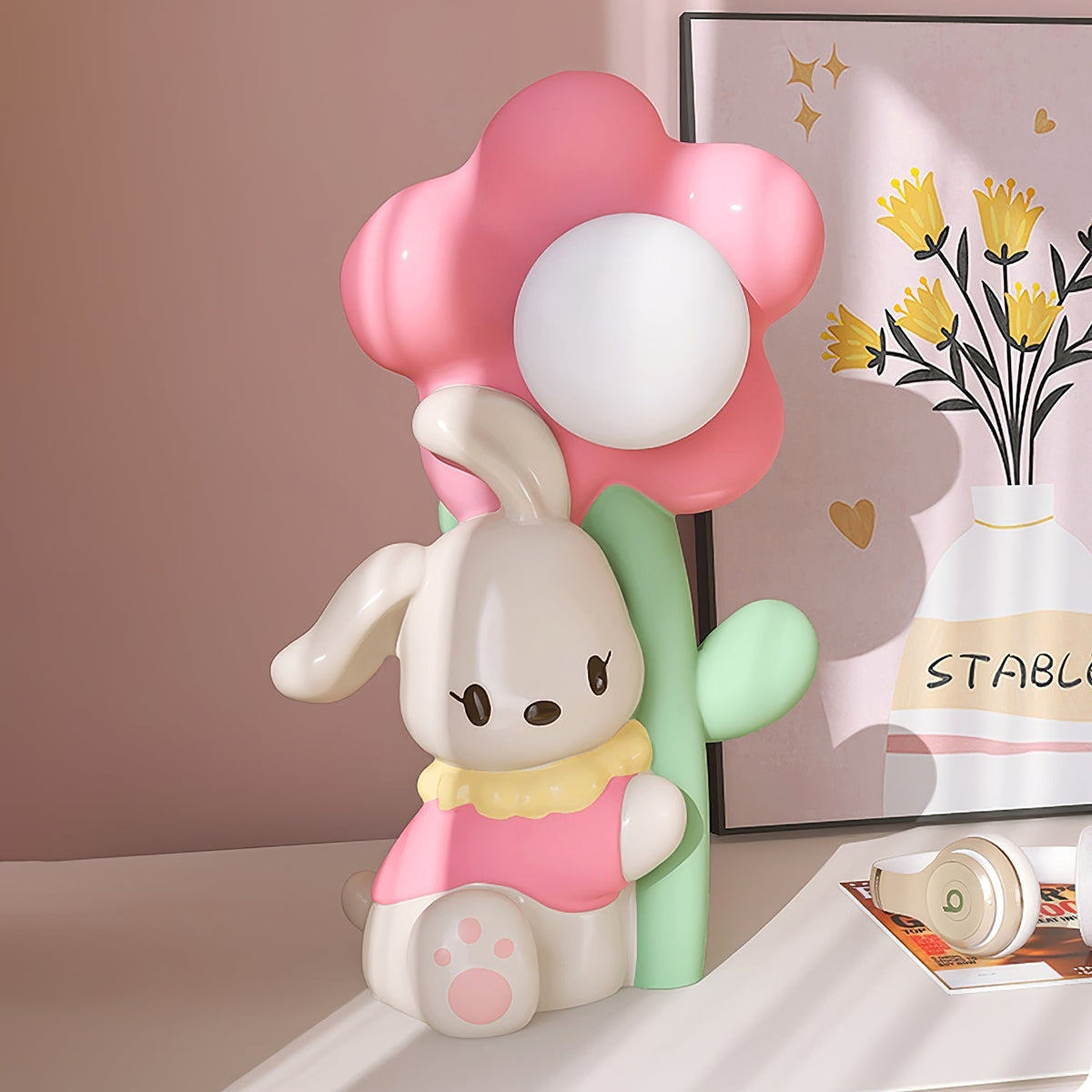 Lampe de Table Lapin et Fleurs - Lueur Douce pour Enfants et Histoires