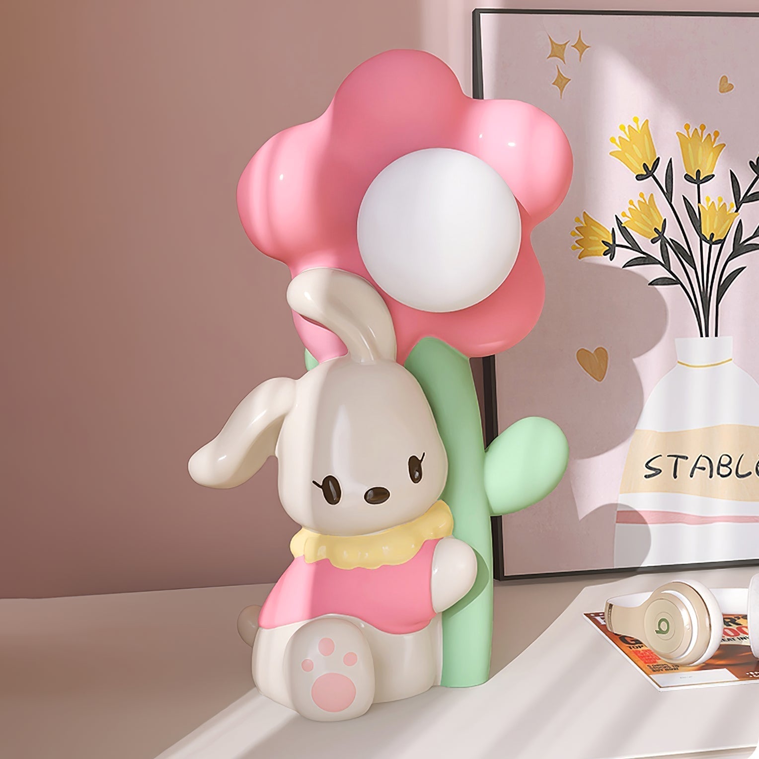 Lampe de Table Lapin et Fleurs - Lueur Douce pour Enfants et Histoires