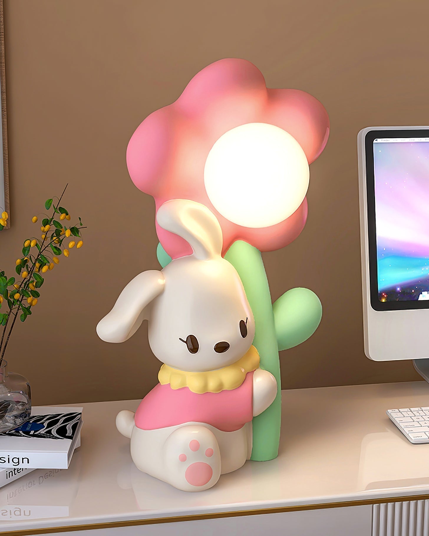Lampe de Table Lapin et Fleurs - Lueur Douce pour Enfants et Histoires