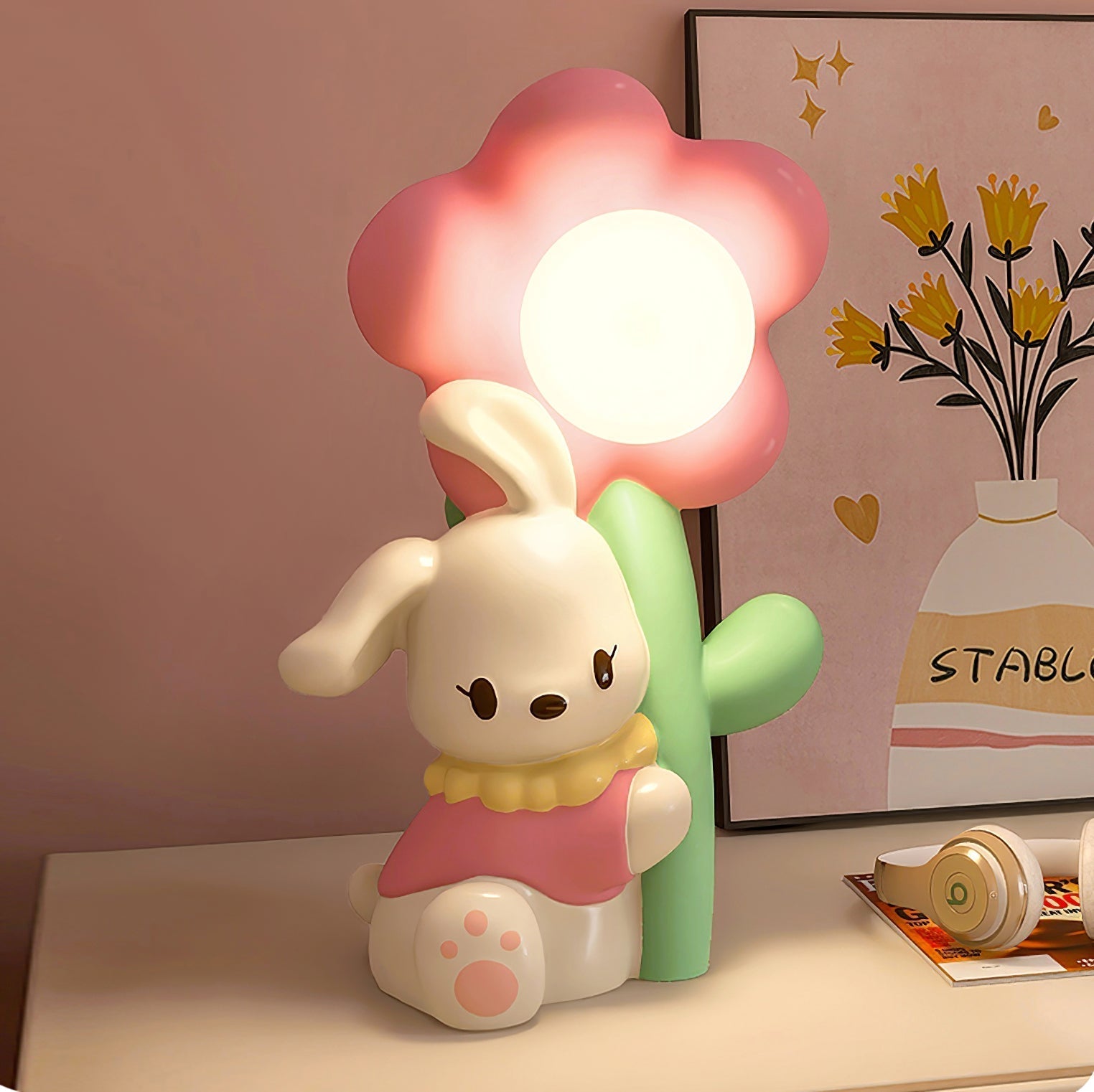 Lampe de Table Lapin et Fleurs - Lueur Douce pour Enfants et Histoires
