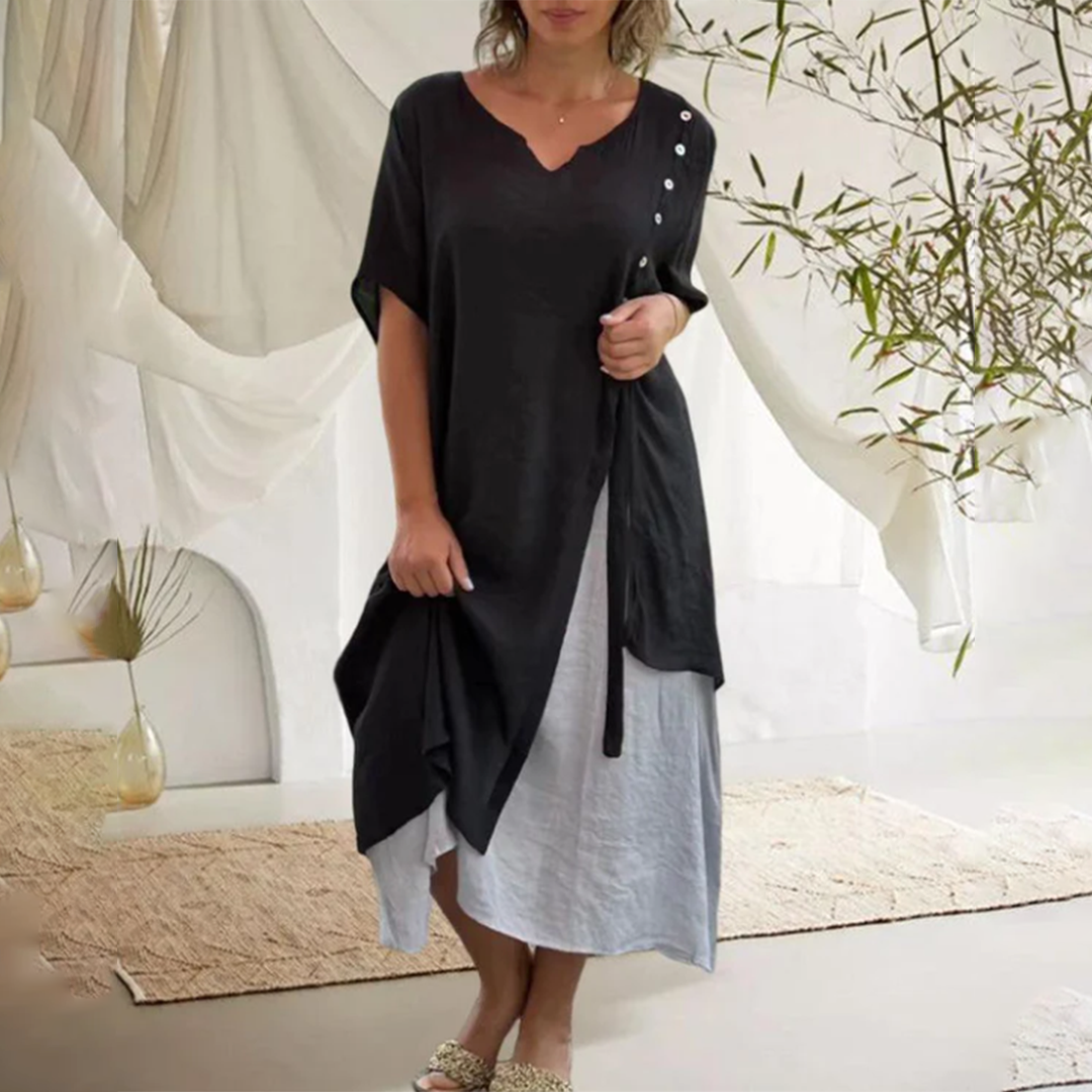 Robe Élégante Noire Femme - Décolleté en V et Manches Courtes