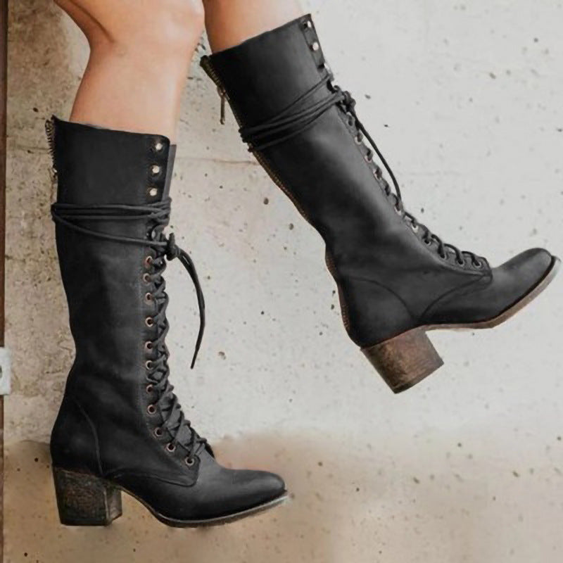 Bottes Longues Noires pour Femmes - Talon Épais et Lacées en Cuir PU