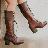 Bottes Longues Noires pour Femmes - Talon Épais et Lacées en Cuir PU