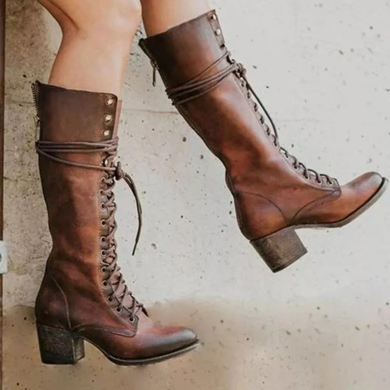Bottes Longues Noires pour Femmes - Talon Épais et Lacées en Cuir PU