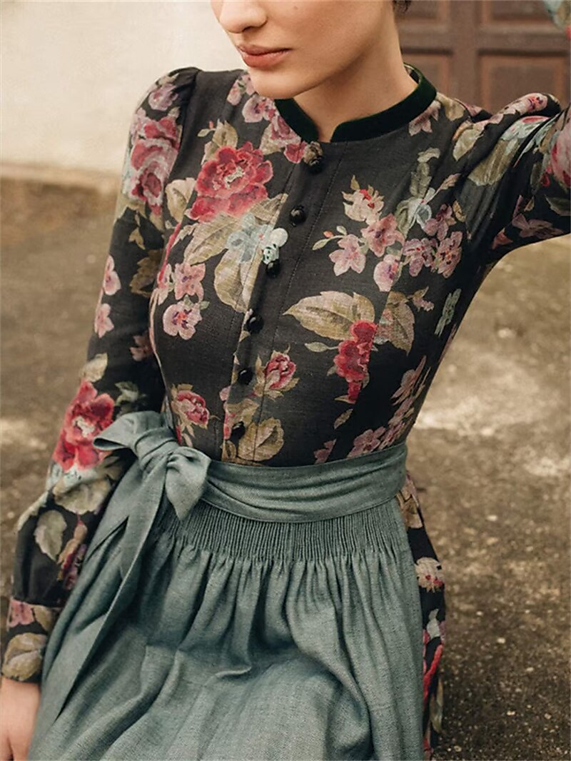 Robe Dirndl Vintage Noire Fleurie - Tablier Inclus pour Style Traditionnel