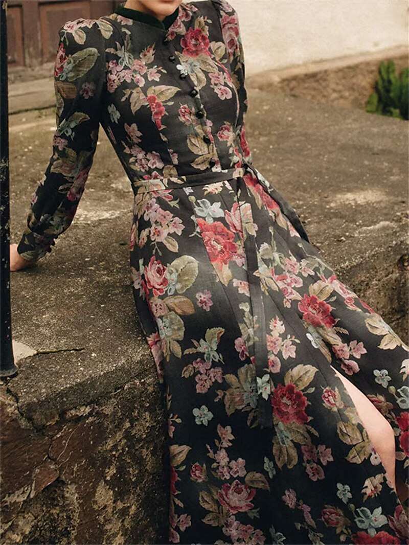 Robe Dirndl Vintage Noire Fleurie - Tablier Inclus pour Style Traditionnel