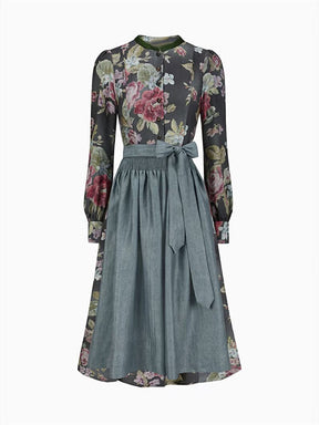 Robe Dirndl Vintage Noire Fleurie - Tablier Inclus pour Style Traditionnel