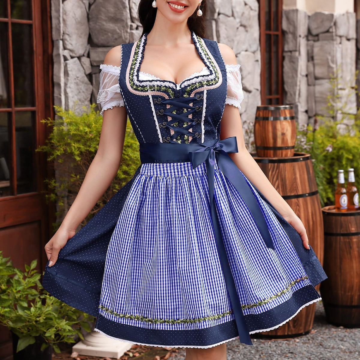 Dirndl Bleu 3 Pièces pour Oktoberfest - Avec Blouse et Tablier Traditionnels