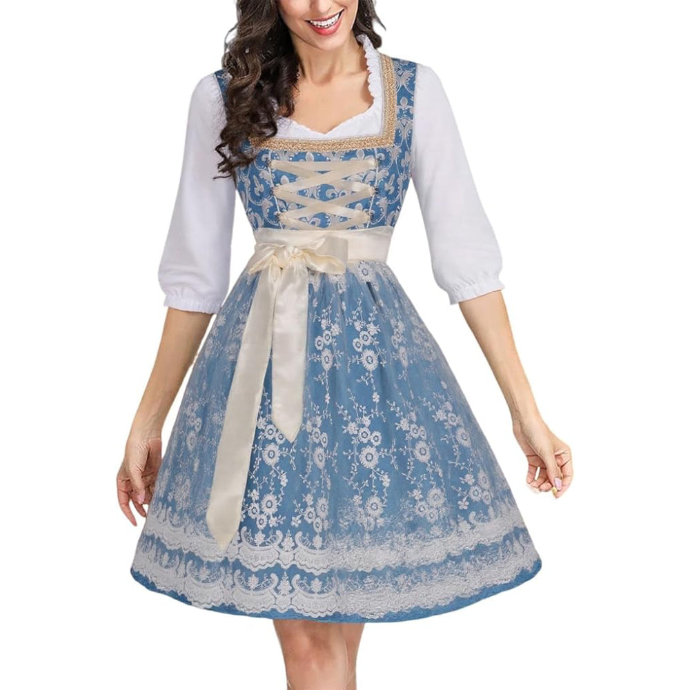 Dirndl Bleu avec Blouse et Tablier - Élégance Traditionnelle pour Oktoberfest
