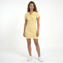 Robe mini bodycon en maille côtelée col boutonné festonné élégante femme