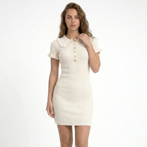 Robe mini bodycon en maille côtelée col boutonné festonné élégante femme