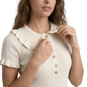 Robe mini bodycon en maille côtelée col boutonné festonné élégante femme