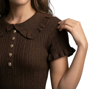 Robe mini bodycon en maille côtelée col boutonné festonné élégante femme