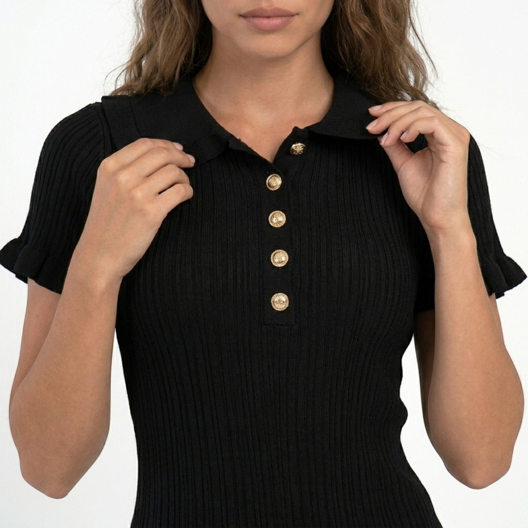 Robe mini bodycon en maille côtelée col boutonné festonné élégante femme