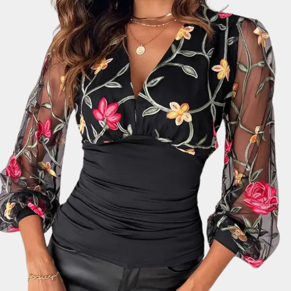Haut Élégant en Coton Noir - Broderie Florale Délicate et Léger
