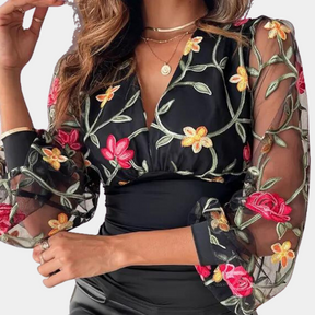 Haut Élégant en Coton Noir - Broderie Florale Délicate et Léger