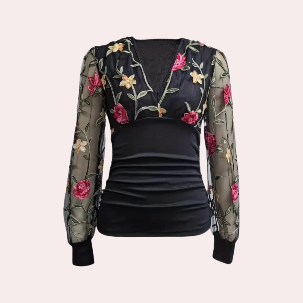 Haut Élégant en Coton Noir - Broderie Florale Délicate et Léger