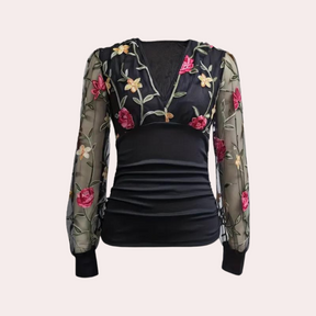 Haut Élégant en Coton Noir - Broderie Florale Délicate et Léger